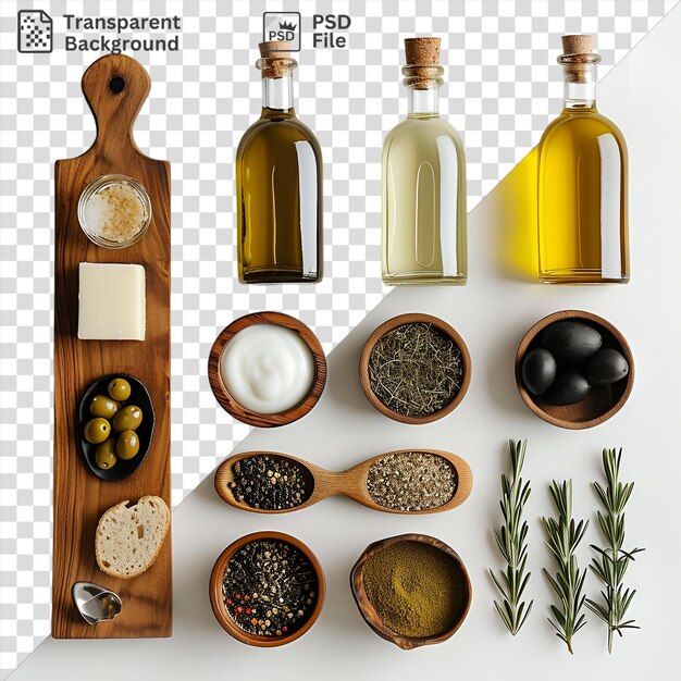 PSD jeu de dégustation d'huile d'olive gourmet exposé sur un tableau en bois comportant une variété de bols et de bouteilles, y compris un bol brun une bouteille en verre une bouteelle jaune et un