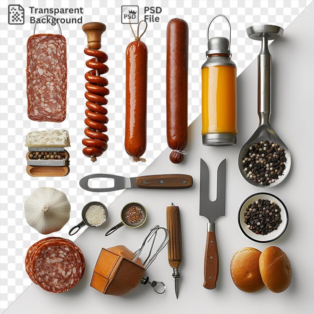 PSD jeu de fabrication de saucisses gourmet transparent affiché sur un fond transparent accompagné d'un petit bol blanc, d'un couteau argenté et d'une bouteille orange avec une poignée brune visible en arrière-plan