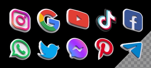 Jeu d'icônes 3d haute résolution de médias sociaux modernes dans la vue inférieure gauche