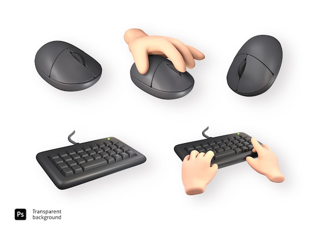 Jeu d'icônes 3d de souris et clavier en psd sur fond blanc et transparent Matériel de bureau