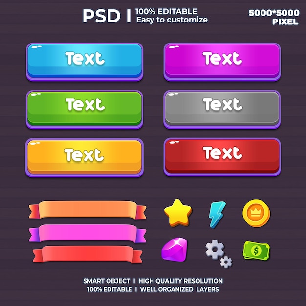 Jeu d'interface utilisateur Ui 2D Jeu de kit d'interfaces utilisateur 2D Jeux de jeu décontractés UI Kit UI Art Jeu de dessin animé Ui Cool UI