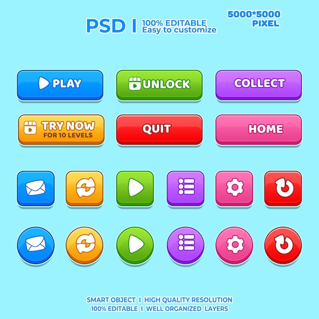 Jeu d'interface utilisateur Ui 2D Jeu de kit d'interfaces utilisateur 2D Jeux de jeu décontractés UI Kit UI Art Jeu de dessin animé Ui Cool UI
