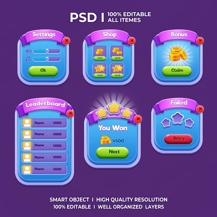 PSD jeu d'interface utilisateur ui 2d jeu de kit d'interfaces utilisateur 2d jeux de jeu décontractés ui kit ui art jeu de dessin animé ui cool ui