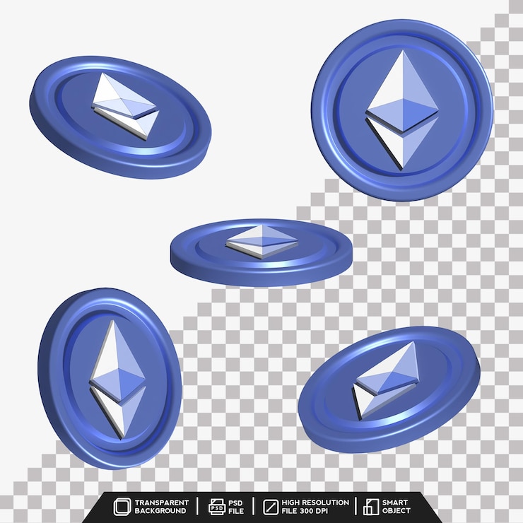 PSD jeu de pièces 3d de pièce de monnaie ethereum bleu avec un point de vue différent