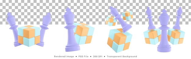 Jeu De Rendu 3d D'icône De Pièces D'échecs Avec Puzzle Cube