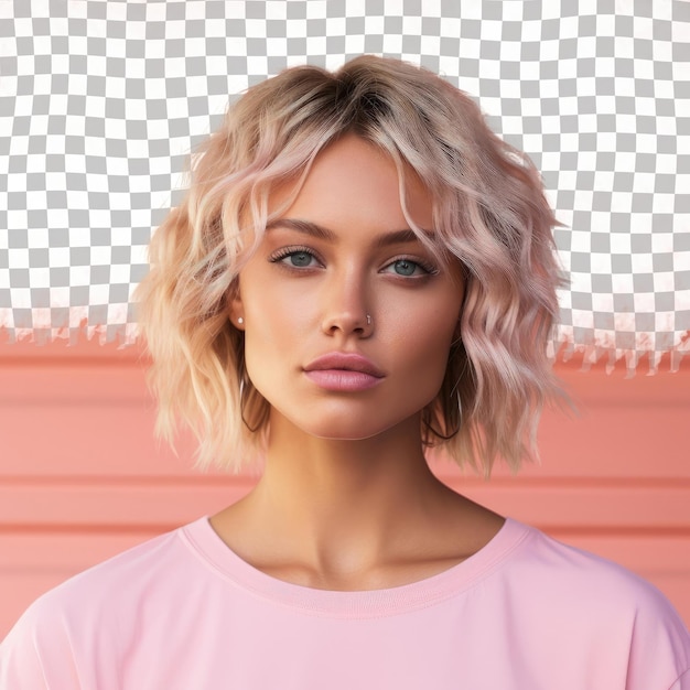 PSD une jeune adulte désespérée aux cheveux blonds d'origine autochtone australienne vêtue d'une tenue de maquilleuse pose en tête inclinée avec un style d'expression sérieuse contre un pastel