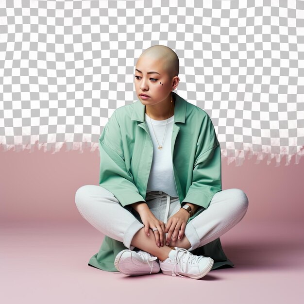 PSD une jeune adulte exaspérée aux cheveux chauves d'origine ethnique d'asie de l'est vêtue d'une tenue de copywriter pose dans un style incliné vers l'avant avec les coudes sur les genoux sur un fond vert pastel