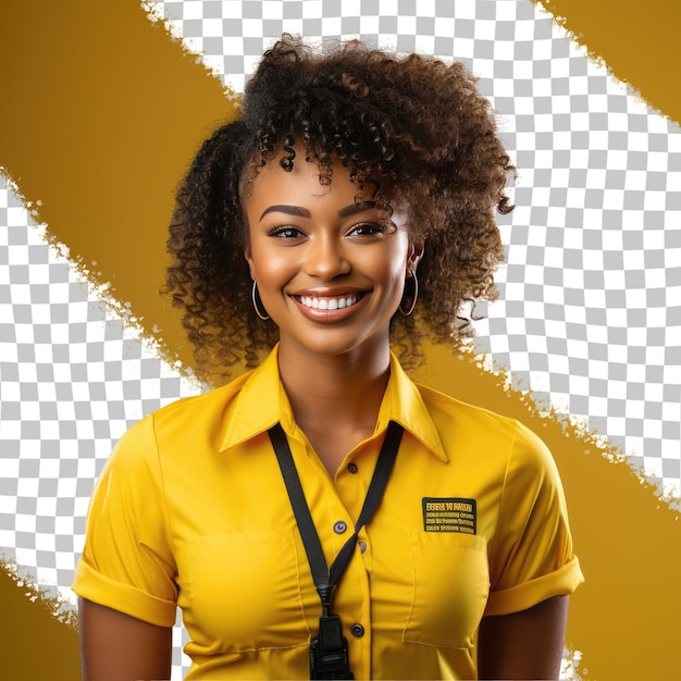 PSD une jeune adulte excitée avec des cheveux kinky de l'ethnie afro-américaine vêtue d'une tenue de fonctionnaire postal pose dans un style one hand on waist sur un fond jaune pastel