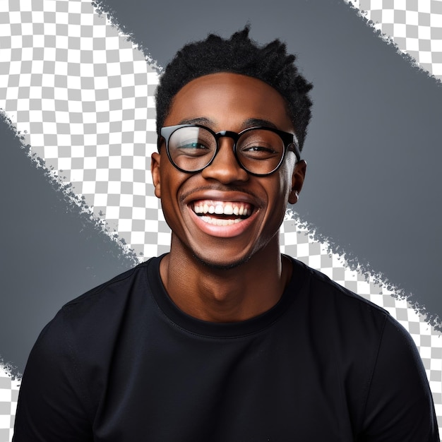 PSD un jeune afro-américain souriant à lunettes aime poser pour une photo en studio