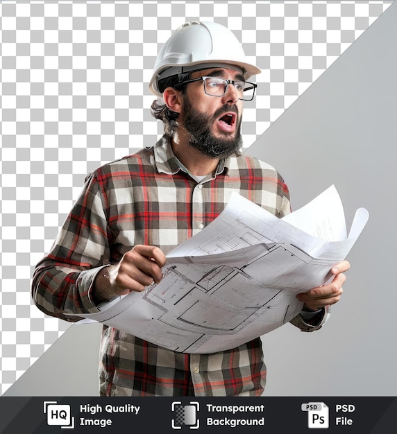 PSD un jeune architecte avec un casque et des plans qui a une douleur dans le cœur.