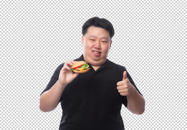 PSD un jeune asiatique gros et drôle avec un hamburger.