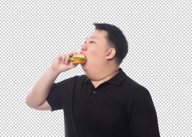 PSD un jeune asiatique gros et drôle avec un hamburger.