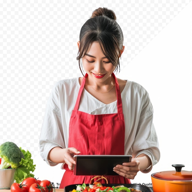 Une Jeune Et Attirante Femme Asiatique Qui Cuisine En Regardant Une Tablette.