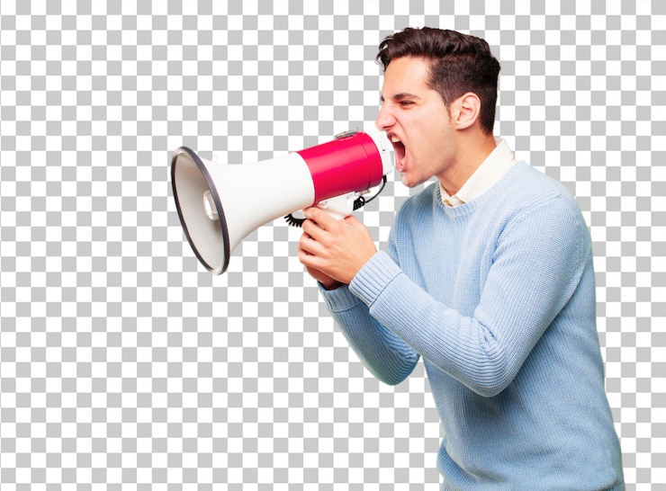 PSD jeune bel homme bronzé avec un mégaphone