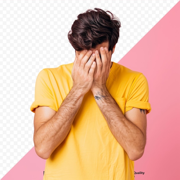 PSD jeune bel homme portant un t-shirt décontracté jaune debout sur un fond rose isolé avec une expression triste couvrant le visage avec les mains tout en pleurant concept de dépression