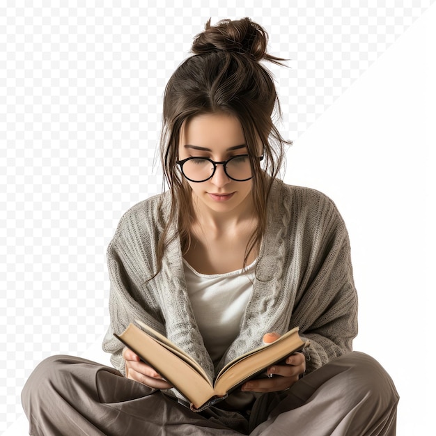 Une Jeune Et Belle étudiante Lit Un Livre Fascinant Sur L'éducation.