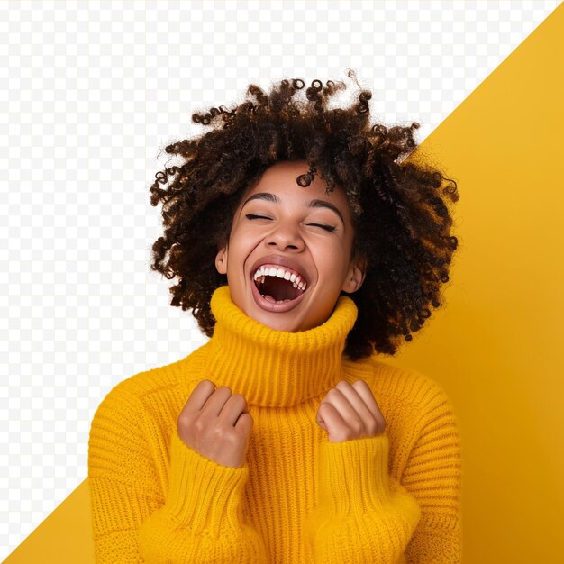 PSD jeune belle femme afro-américaine portant un pull à col roulé sur fond jaune isolé souriant et riant fort à haute voix parce que drôle de blague folle avec les mains sur le corps