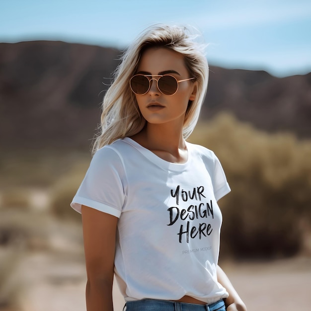 PSD jeune et belle femme blonde en maquette de t-shirt blanc dans un cadre extérieur ensoleillé