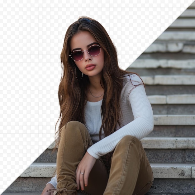 PSD jeune belle fille brune assise sur les marches de lunettes hipster femme européenne lunettes de soleil de mode jeune belle joie