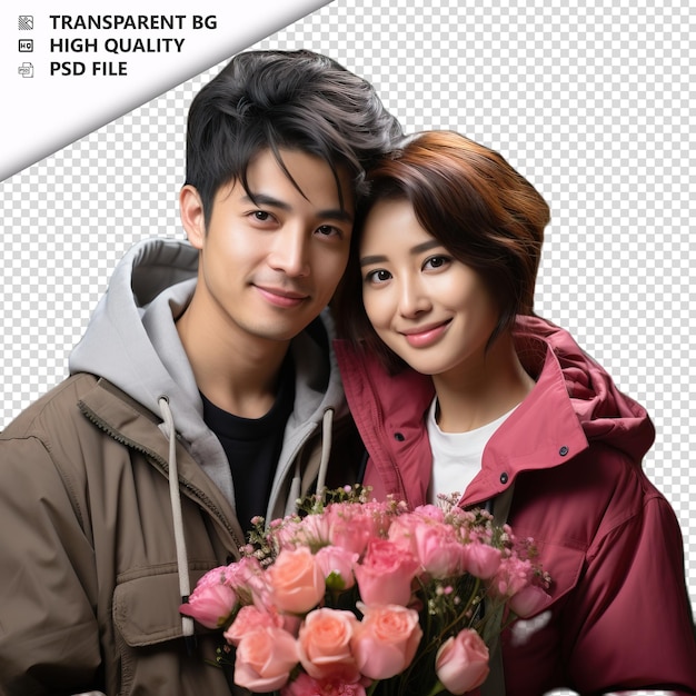 PSD jeune couple asiatique romantique jour de la saint-valentin avec des fleurs c arrière-plan transparent psd isolé.