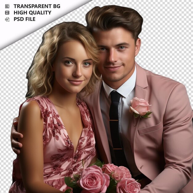 PSD jeune couple blanc romantique jour de la saint-valentin avec des fleurs f arrière-plan transparent psd isolé