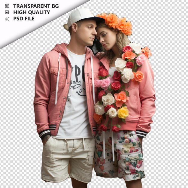 PSD jeune couple gay romantique jour de la saint-valentin avec des fleurs str arrière-plan transparent psd isolé.