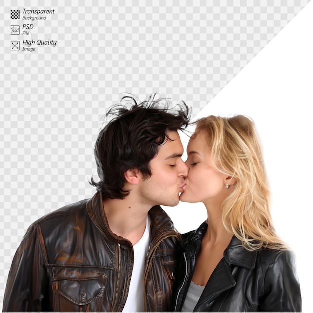 Un jeune couple s'embrasse sur un fond transparent