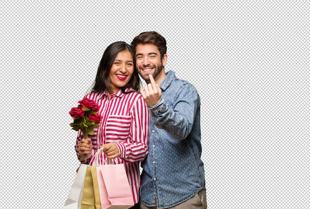 Jeune couple en Saint Valentin invitant à venir