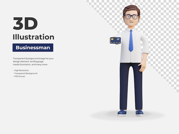 Jeune employé de bureau détenant une illustration de personnage 3d de carte de crédit