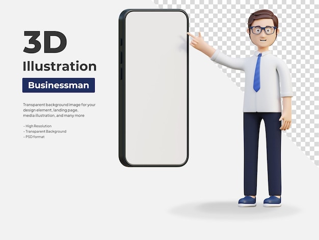 Jeune Employé De Bureau Pointant Un Téléphone Intelligent Montrant Une Illustration De Personnage 3d à écran Vide