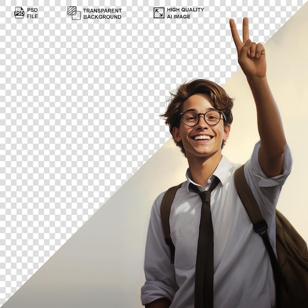 PSD jeune étudiant souriant et montrant le signe de la victoire