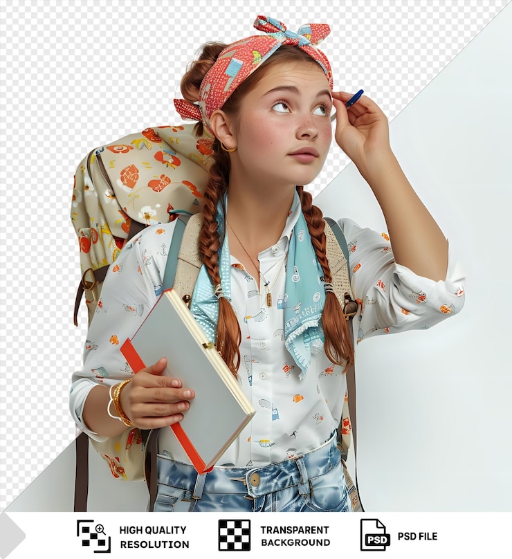 PSD jeune étudiante joyeuse unique portant un bandana et un sac à dos tenant des blocs-notes avec un stylo tenant la main le front regardant de côté en distance