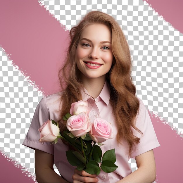 PSD une jeune femme adulte extatique aux cheveux longs d'origine nordique vêtue d'une tenue de scientifique médical pose dans un style casual hair tug sur un fond rose pastel