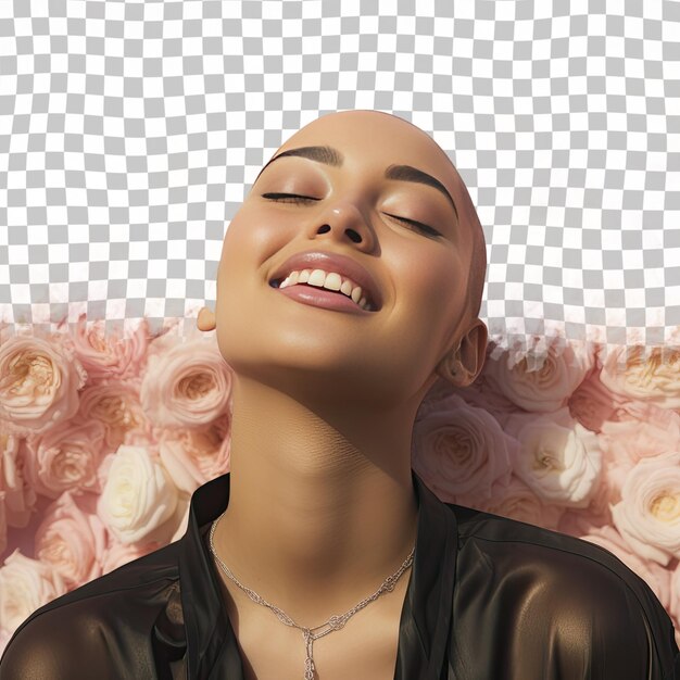 PSD une jeune femme adulte triste aux cheveux chauves de l'ethnie des insulaires du pacifique vêtue d'une tenue de conservateur pose dans un style eyes closed with a smile sur un fond de rose pastel