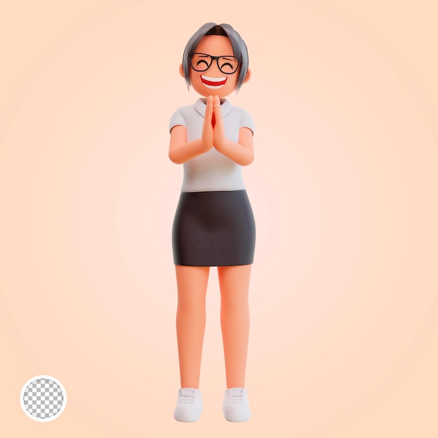 jeune, femme affaires, salutation, concept, 3d, dessin animé, illustration