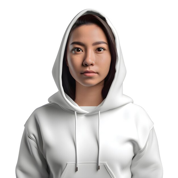 PSD jeune femme asiatique en capuche blanche isolée sur fond blanc