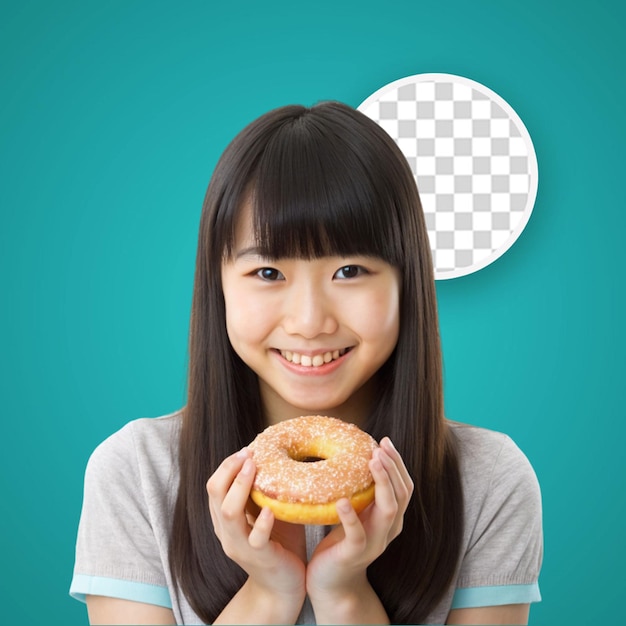 PSD une jeune femme asiatique joyeuse garde la bouche ouverte tient des beignets sucrés et délicieux se ferme