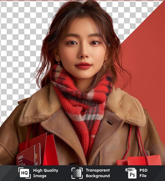 PSD jeune femme asiatique transparente de haute qualité tenant une carte de crédit et des sacs d'achat rouges portant une veste brune et un foulard rouge avec des cheveux bruns et des yeux et un petit nez
