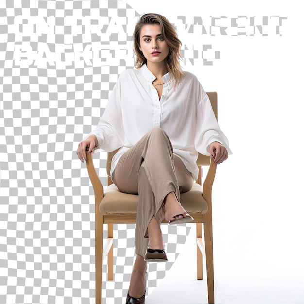 PSD une jeune femme attrayante portant une chemise surdimensionnée et assise sur une chaise isolée sur un fond transparent