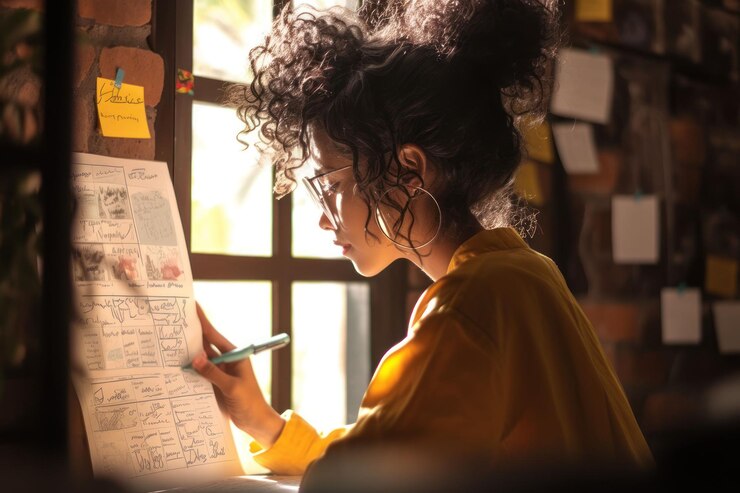PSD une jeune femme aux cheveux bouclés et aux lunettes est assise près d'une fenêtre et se concentre sur le dessin d'un tableau sur un grand morceau de papier.