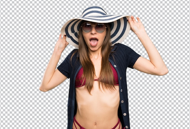 Jeune Femme En Bikini Avec Une Expression Faciale Surprise