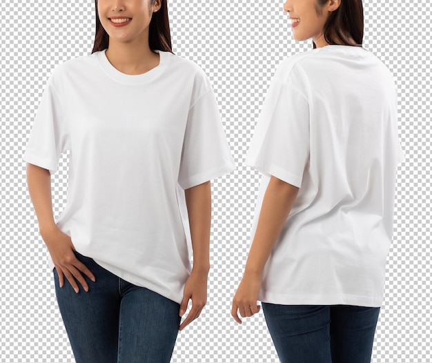 Jeune femme en blanc surdimensionné T-shirt maquette découpe fichier Psd