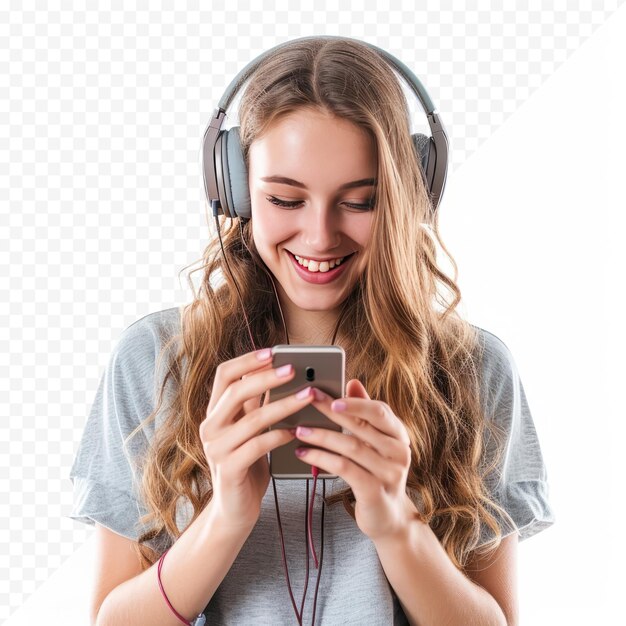 Une Jeune Femme Blanche Souriante écoute Le Podcast, Un Livre électronique, Une Chanson, Un Chanteur, Un Groupe De Rock, Des écouteurs, Des écouteurs, Choisissant Une Piste Sonore Sur Un Téléphone Portable, Isolée Sur Un Fond Blanc Isolé.