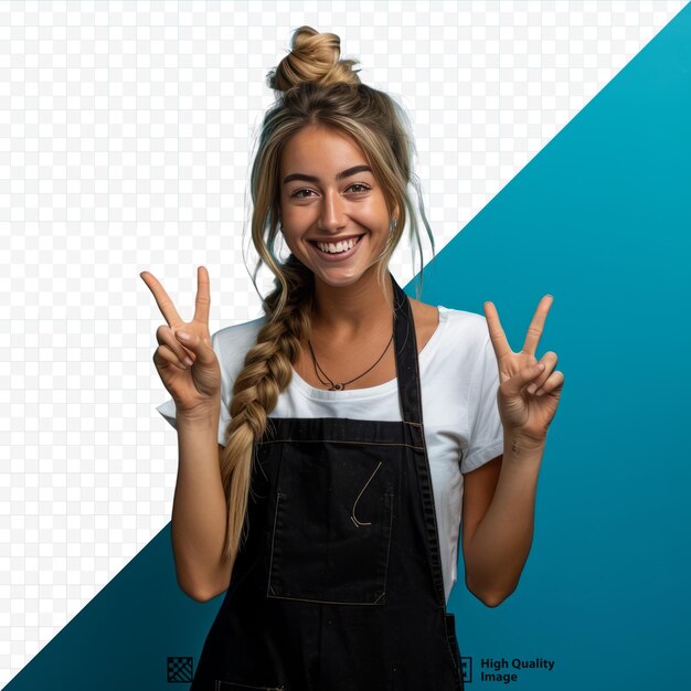 PSD jeune femme blonde de cuisine uruguayenne isolée sur fond bleu isolé souriant et montrant le signe de la victoire