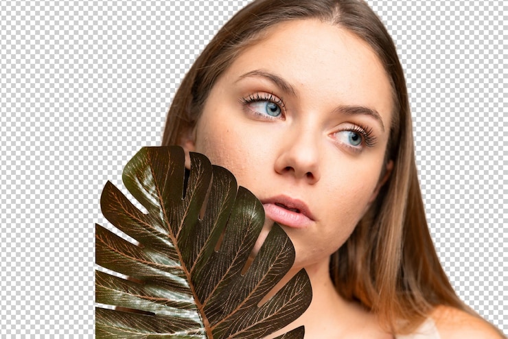 PSD jeune femme blonde sur fond de clé chromée isolée tenant une feuille de palmier portrait en gros plan