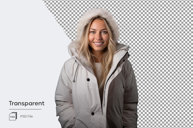 Jeune Femme Blonde En Parka Blanche Avec Chapeau Mode Hiver