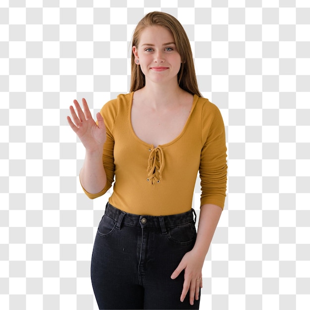 Une jeune femme blonde avec un t-shirt jaune transparent.