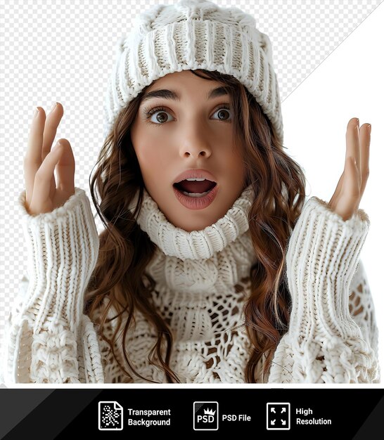 PSD jeune femme en chapeau de pull blanc portrait de studio mode sain style de vie des gens émotions saison froide concept mock up copier l'espace criant avec les mains geste bouche ouverte visage brun petit nez