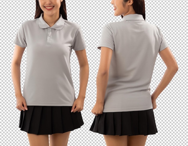 Une jeune femme en chemise de polo grise est découpée dans un fichier Psd.