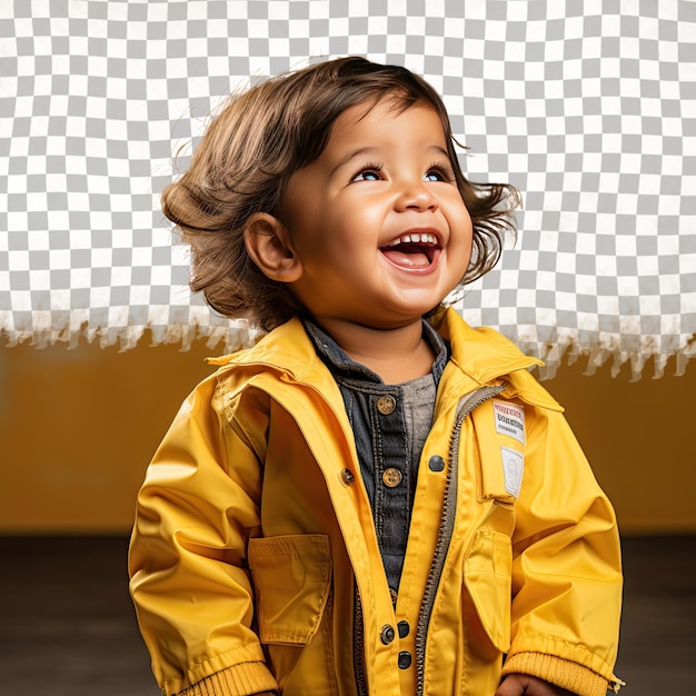 PSD une jeune femme avec les cheveux courts de l'ethnie mongole vêtue d'une tenue de travailleur de la construction pose dans un style de rire ludique sur un fond pastel citronné